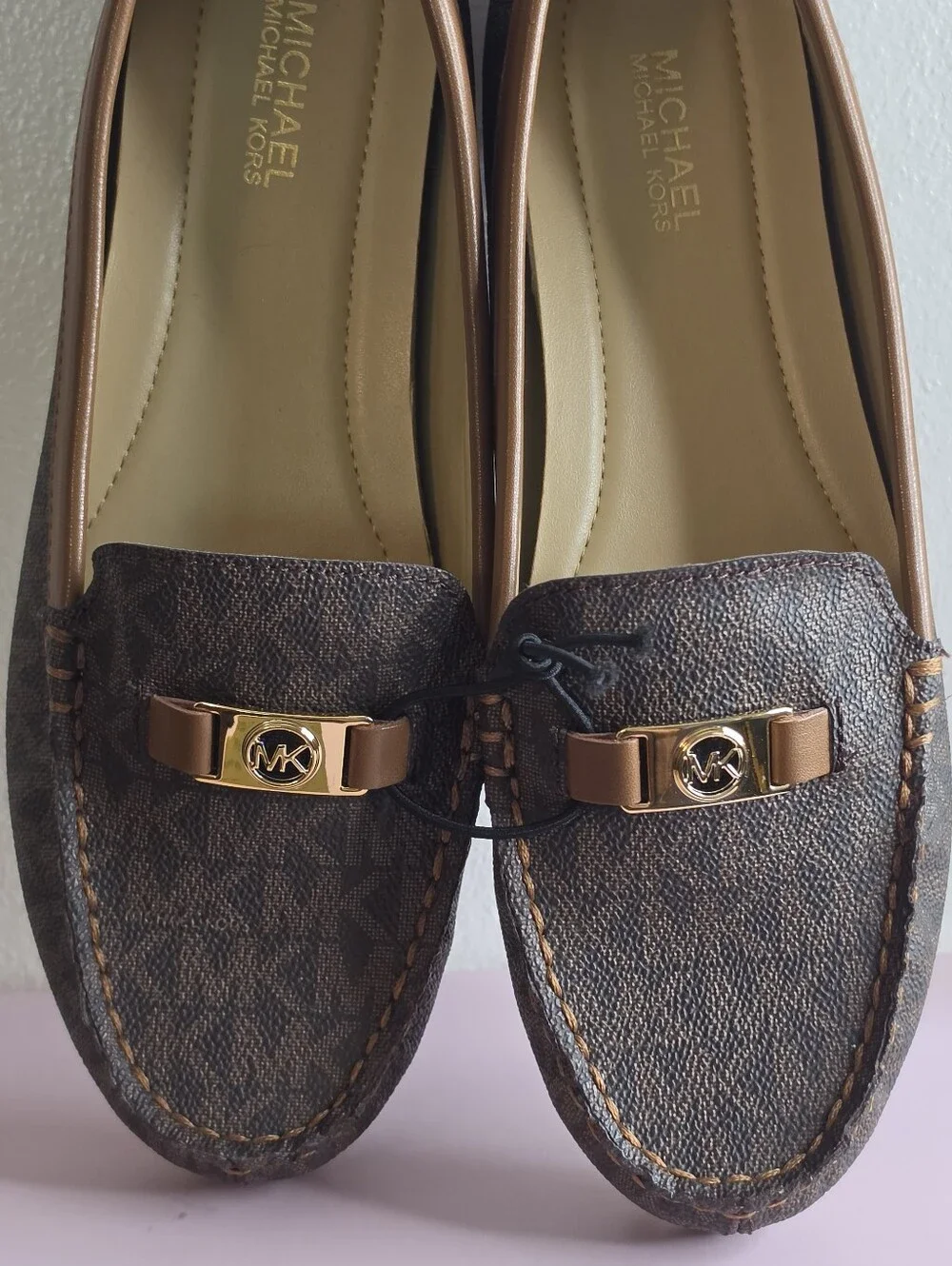 Michael Kors Brown Logo-Print Moccasin Loafers with Gold Accent